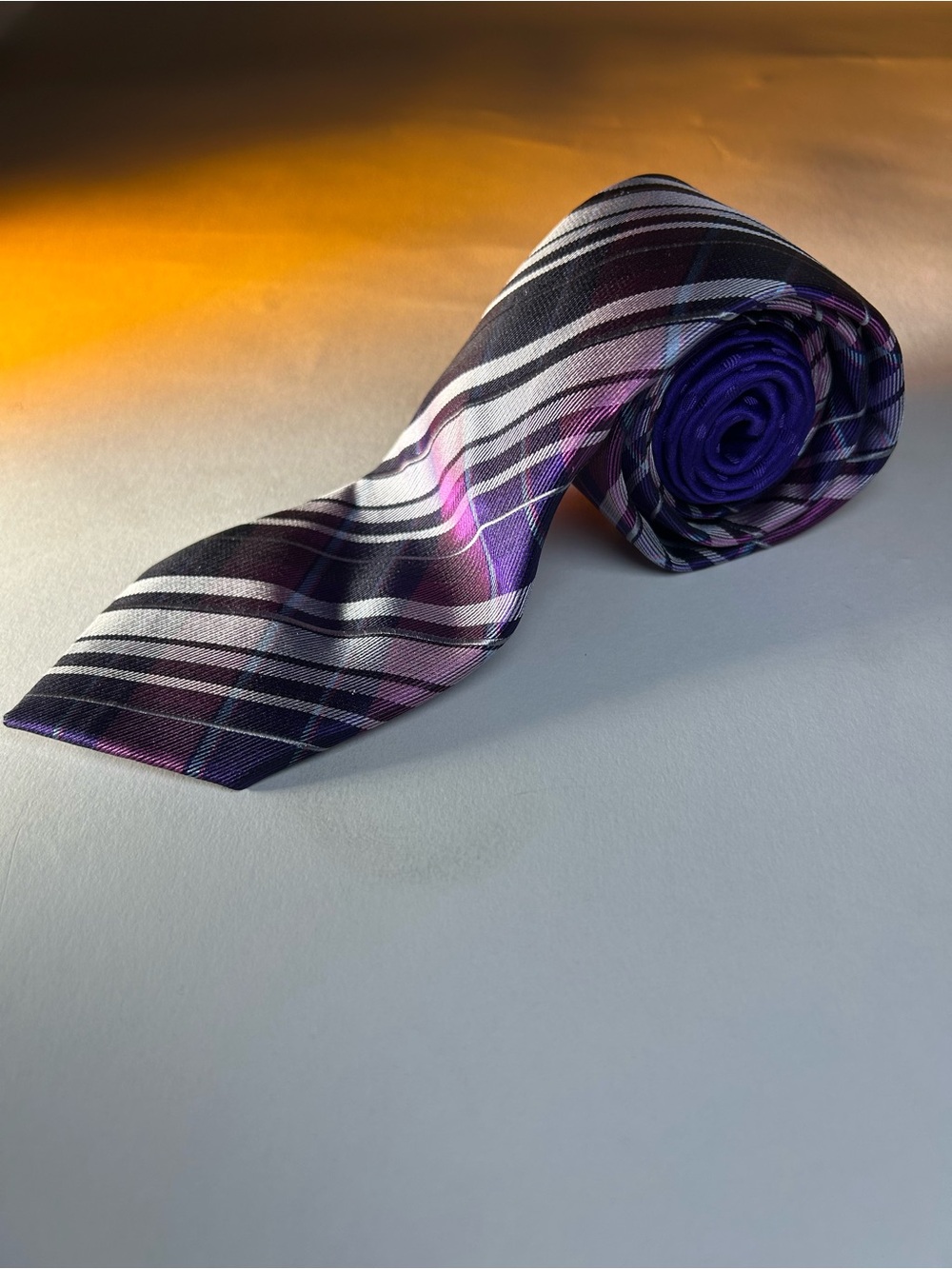 Perry Ellis Purple Plaid Tie with White and Black Accents